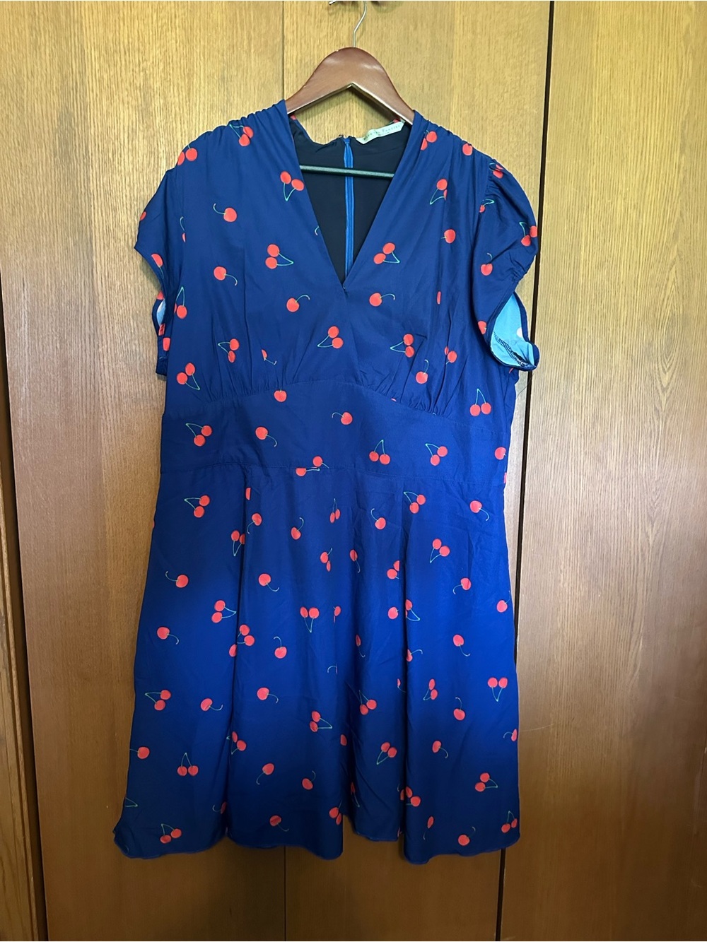eshakti Navy Blue Cherry-Print V-Neck Dress